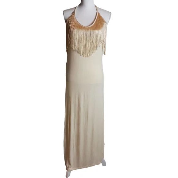 Cristinalove | Dresses | Christina Love Fringe Maxi Dress Size M Halter Tie  Semisheer Slinky Boho Trendy | Poshmark